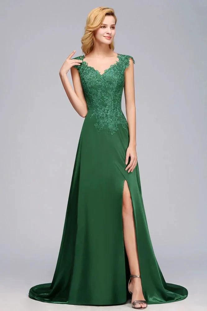Cap Sleeve aline appliques Bridesmaid Dress Green Side Split Wedding Party Dress with Sweep Train by misshow.com