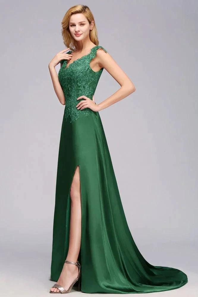 Cap Sleeve aline appliques Bridesmaid Dress Green Side Split Wedding Party Dress with Sweep Train by misshow.com