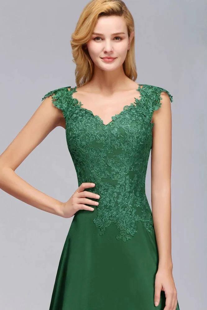 Cap Sleeve aline appliques Bridesmaid Dress Green Side Split Wedding Party Dress with Sweep Train by misshow.com