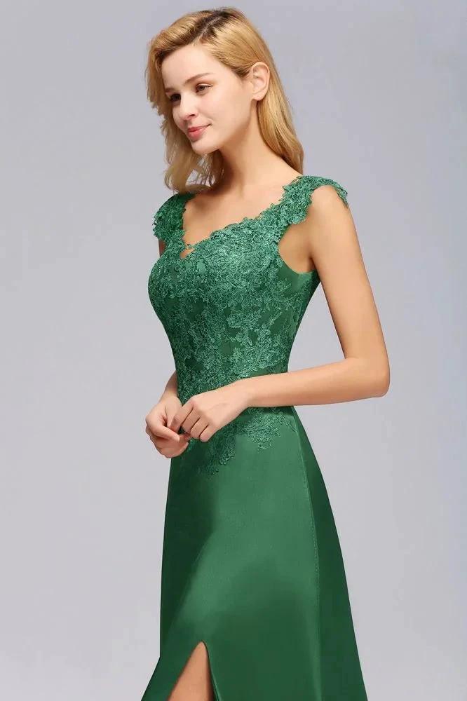 Cap Sleeve aline appliques Bridesmaid Dress Green Side Split Wedding Party Dress with Sweep Train by misshow.com