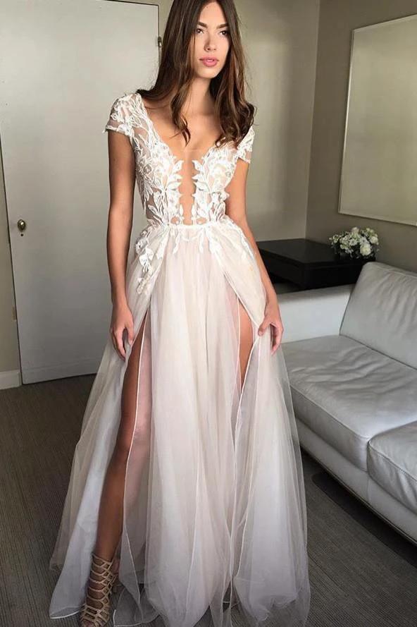 Cap Sleeve Deep V-neck Prom Dress With Appliques Sexy Split Wedding Dresses PG902 by pgmdress