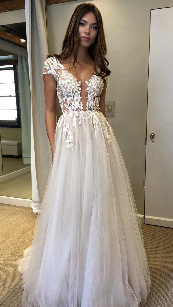 Cap Sleeve Deep V-neck Prom Dress With Appliques Sexy Split Wedding Dresses PG902 by pgmdress