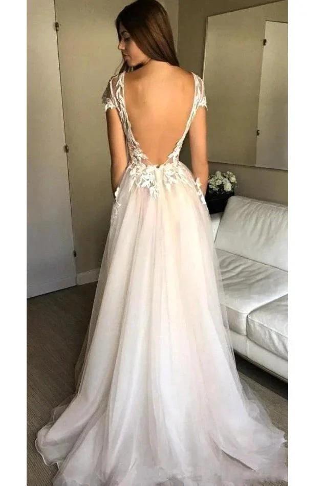 Cap Sleeve Deep V-neck Prom Dress With Appliques Sexy Split Wedding Dresses PG902 by pgmdress