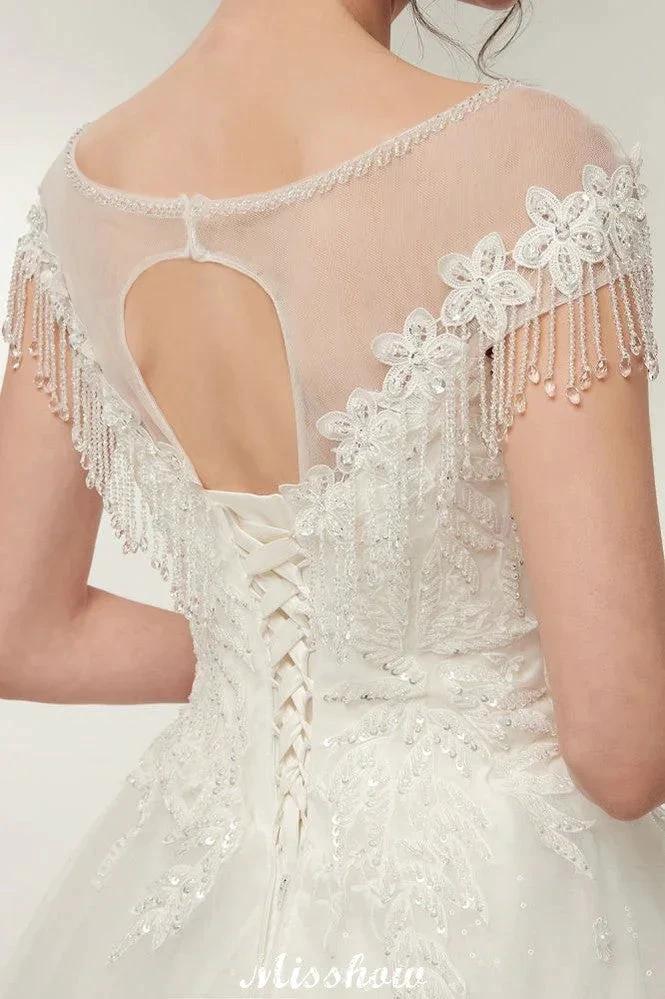 Cap Sleeves A-line Scoop Floor Length Lace Appliques Wedding Dresses by misshow.com