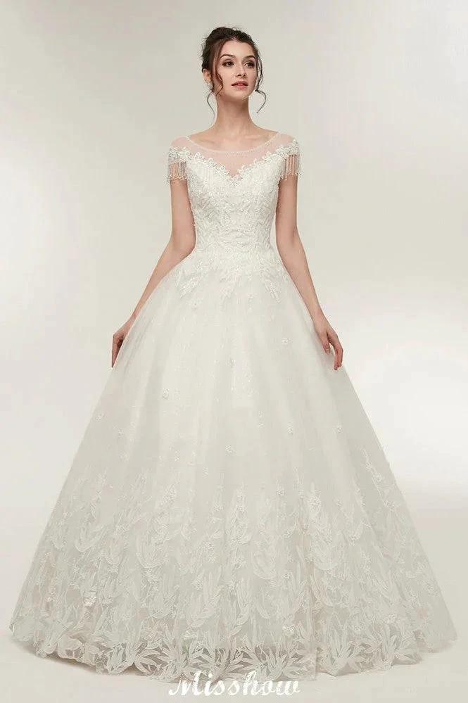 Cap Sleeves A-line Scoop Floor Length Lace Appliques Wedding Dresses by misshow.com