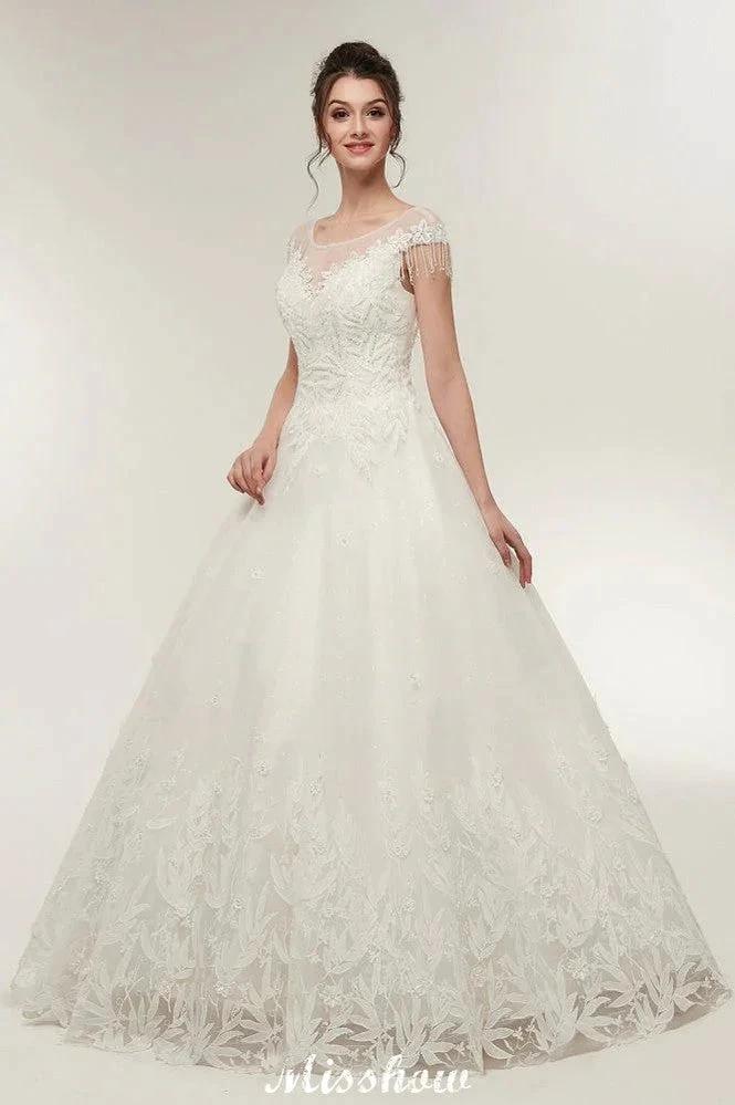 Cap Sleeves A-line Scoop Floor Length Lace Appliques Wedding Dresses by misshow.com
