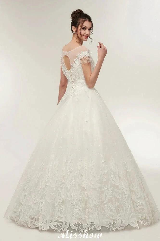 Cap Sleeves A-line Scoop Floor Length Lace Appliques Wedding Dresses by misshow.com