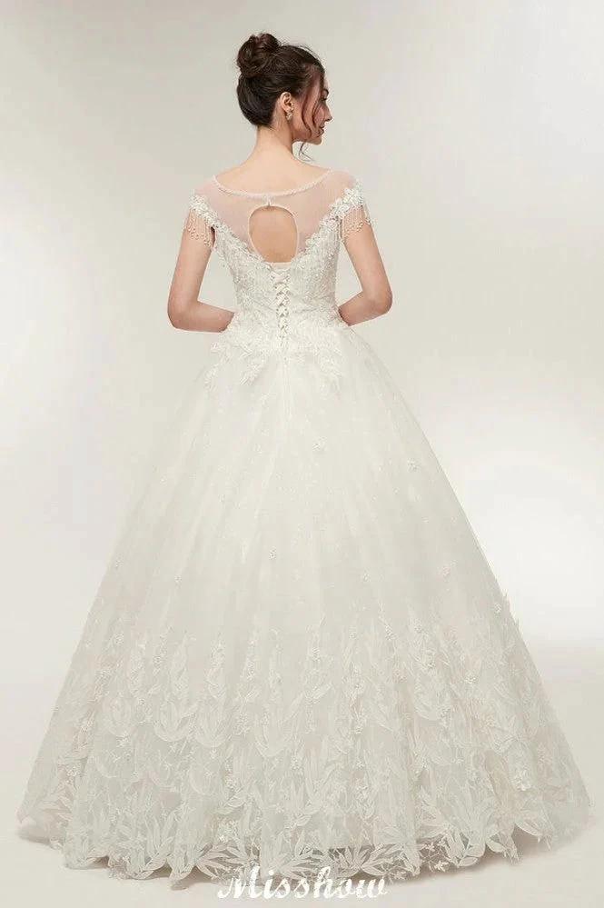 Cap Sleeves A-line Scoop Floor Length Lace Appliques Wedding Dresses by misshow.com