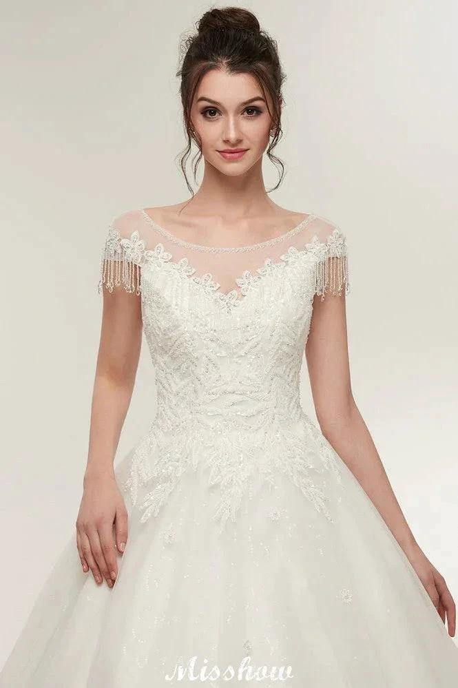 Cap Sleeves A-line Scoop Floor Length Lace Appliques Wedding Dresses by misshow.com