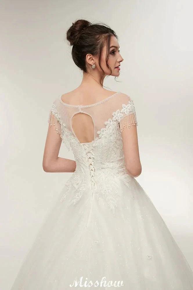 Cap Sleeves A-line Scoop Floor Length Lace Appliques Wedding Dresses by misshow.com