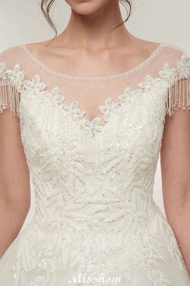 Cap Sleeves A-line Scoop Floor Length Lace Appliques Wedding Dresses by misshow.com