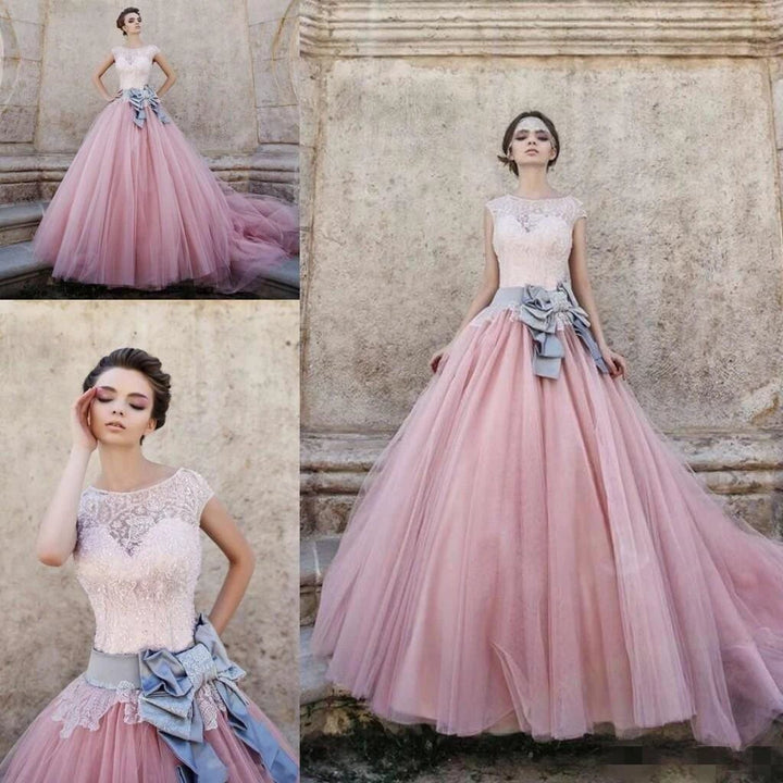 Cap Sleeves Ball-Gown Lace Bowknot Pink Tulle Wedding Dresses WD074 by pgmdress
