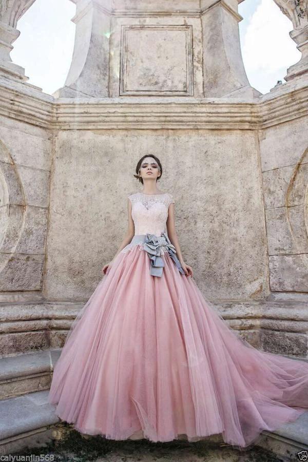 Cap Sleeves Ball-Gown Lace Bowknot Pink Tulle Wedding Dresses WD074 by pgmdress
