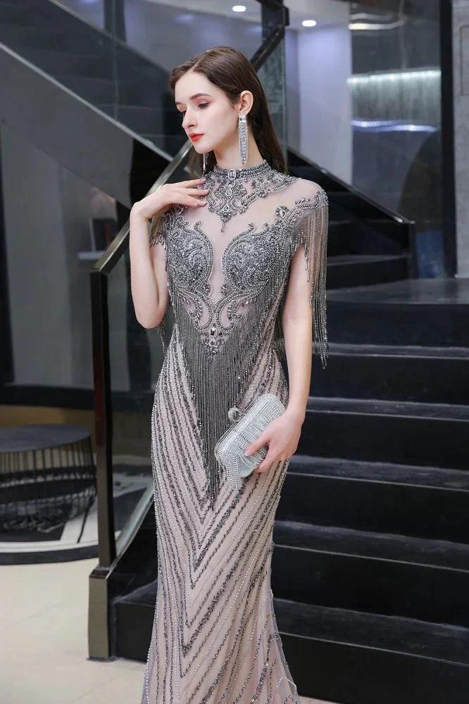 Cap Sleeves High Neck Sparkly Beads Floor-Length Mermaid Evening Party Gown by misshow.com