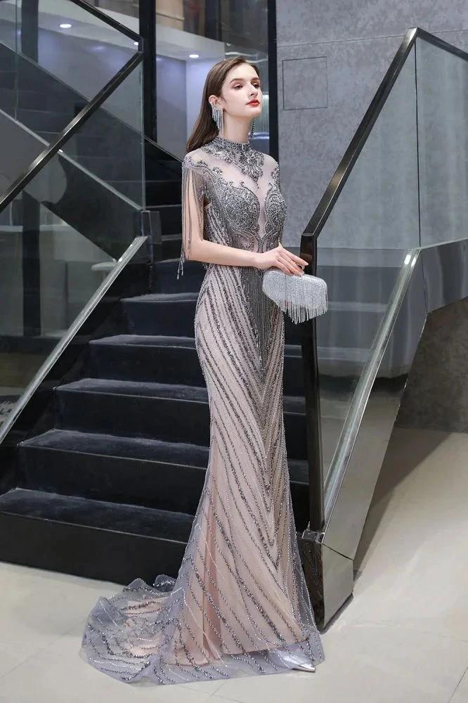 Cap Sleeves High Neck Sparkly Beads Floor-Length Mermaid Evening Party Gown by misshow.com