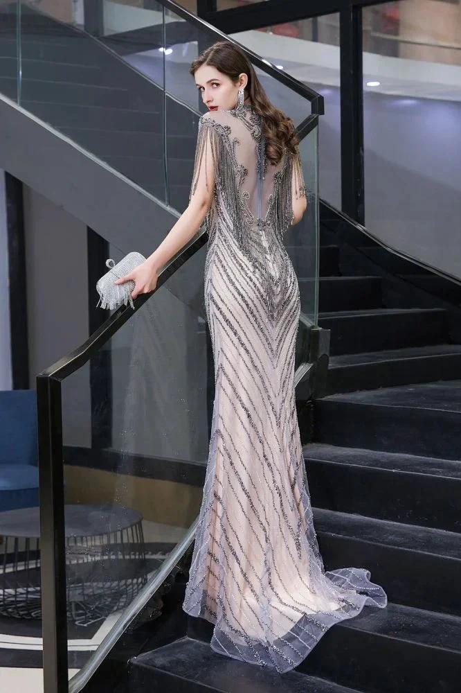 Cap Sleeves High Neck Sparkly Beads Floor-Length Mermaid Evening Party Gown by misshow.com
