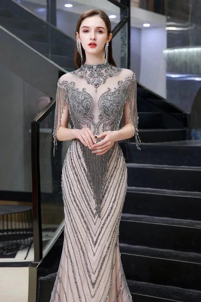 Cap Sleeves High Neck Sparkly Beads Floor-Length Mermaid Evening Party Gown by misshow.com