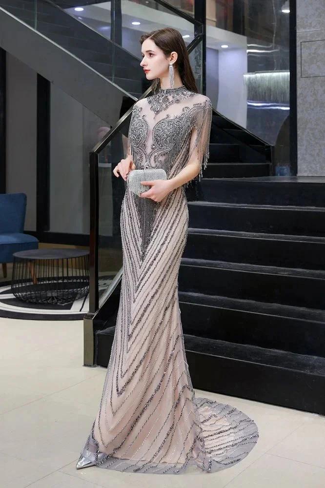 Cap Sleeves High Neck Sparkly Beads Floor-Length Mermaid Evening Party Gown by misshow.com