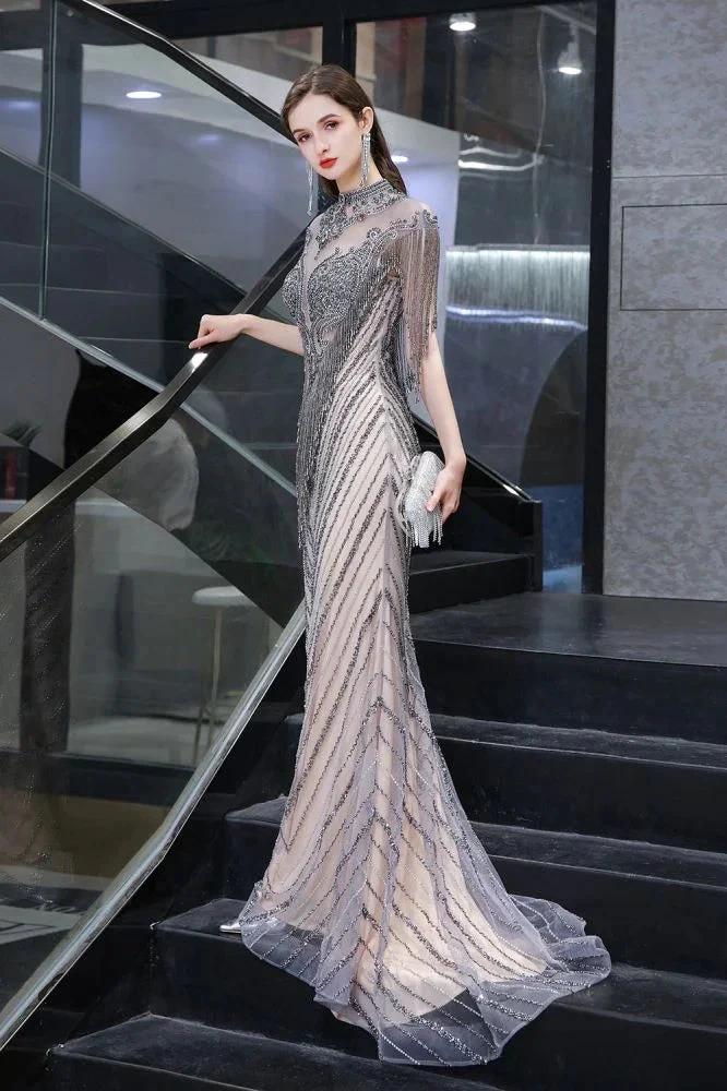 Cap Sleeves High Neck Sparkly Beads Floor-Length Mermaid Evening Party Gown by misshow.com