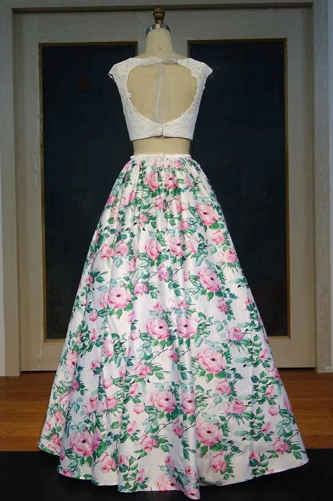 Cap Sleeves Lace Top A-line Two-piece Printed Flowers Prom Dresses by misshow.com
