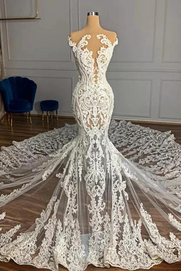 Luxury Mermaid Jewel Neck Tulle Long Beading Wedding Dress with Appliques Lace by Biztunnel