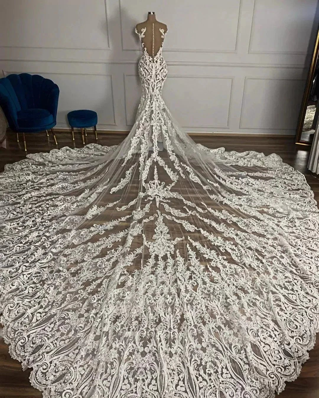 Luxury Mermaid Jewel Neck Tulle Long Beading Wedding Dress with Appliques Lace by Biztunnel