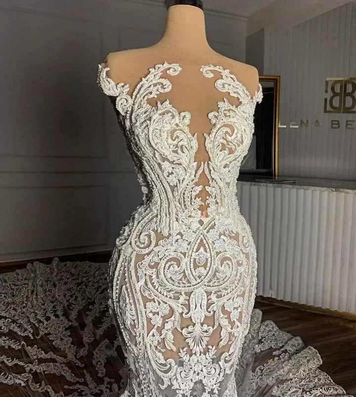 Luxury Mermaid Jewel Neck Tulle Long Beading Wedding Dress with Appliques Lace by Biztunnel