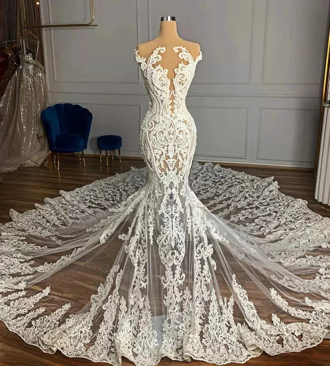 Luxury Mermaid Jewel Neck Tulle Long Beading Wedding Dress with Appliques Lace by Biztunnel