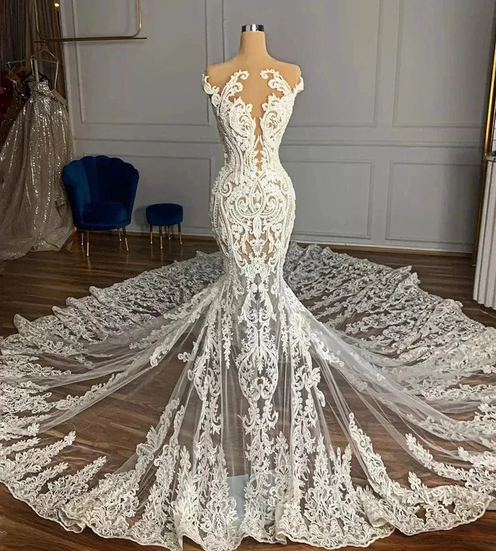 Luxury Mermaid Jewel Neck Tulle Long Beading Wedding Dress with Appliques Lace by Biztunnel