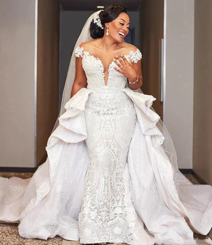 Cap Sleeves Mermaid Long Wedding Dress with Ruffles Overskirt by misshow.com