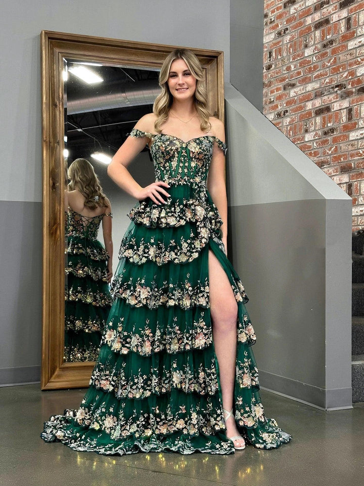Capri | Green Crystal Sequins Princess A Line Off the Shoulder Prom Dress with Lace Ruffles by KissProm