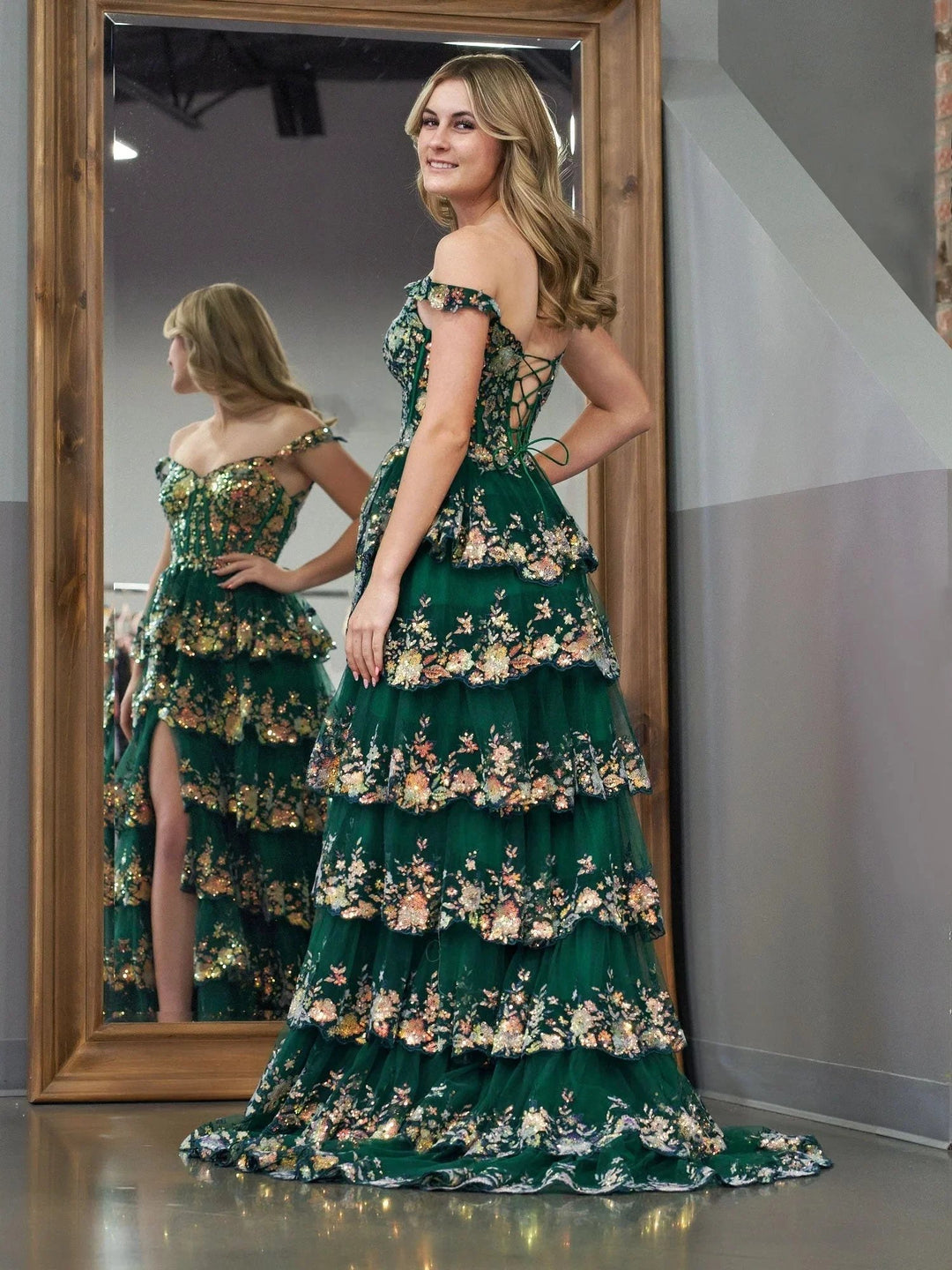 Capri | Green Crystal Sequins Princess A Line Off the Shoulder Prom Dress with Lace Ruffles by KissProm