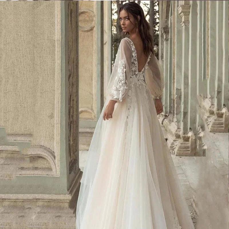 Charming Long Puffy Sleeves Wedding Dresses A-Line V Neck Appliques Open Back Sweep Train Bridal Gown Custom Made by payinti