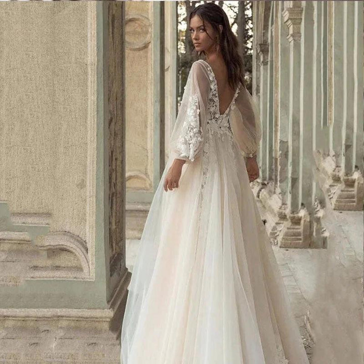 Charming Long Puffy Sleeves Wedding Dresses A-Line V Neck Appliques Open Back Sweep Train Bridal Gown Custom Made by payinti