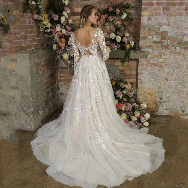 Light Champagne Modern Wedding Dresses Backless Applique Bride Gowns A-Line Tulle V-Neck Long Sleeves vestido de noiva by payinti
