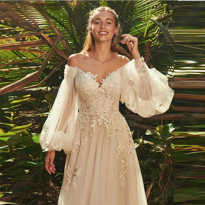 Light Champagne Wedding Dresses Pastrol Puff Long Sleeves 3D Flowers Bride Gowns A-Line Sexy Backless vestidos de novia by payinti