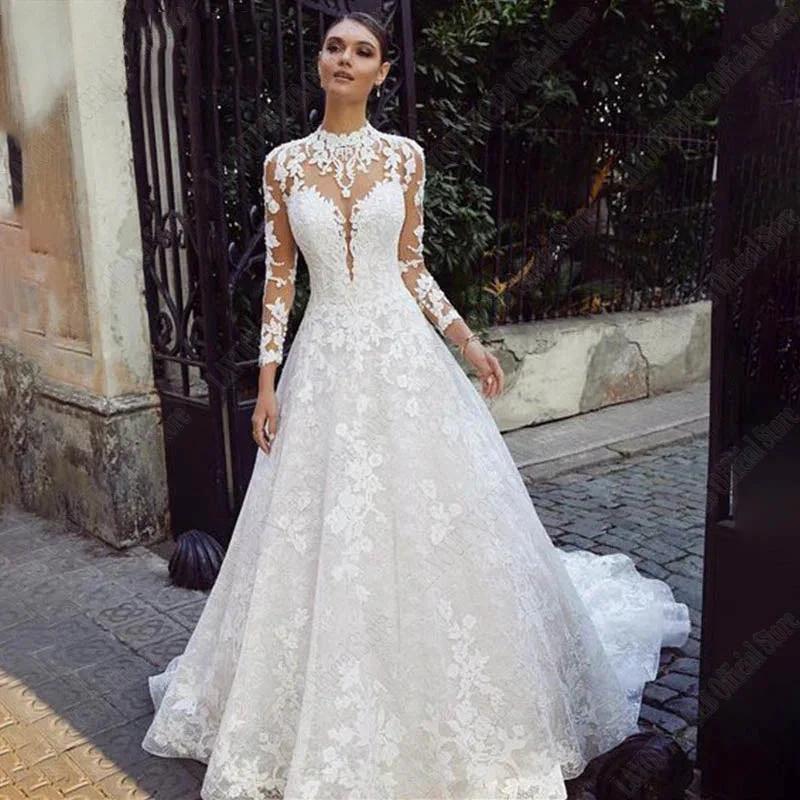 Wedding Dresses For Bride Long Sleeves Luxury Lace Backless High Neck Bridal Gown Appliques Vestidos De Boda by payinti
