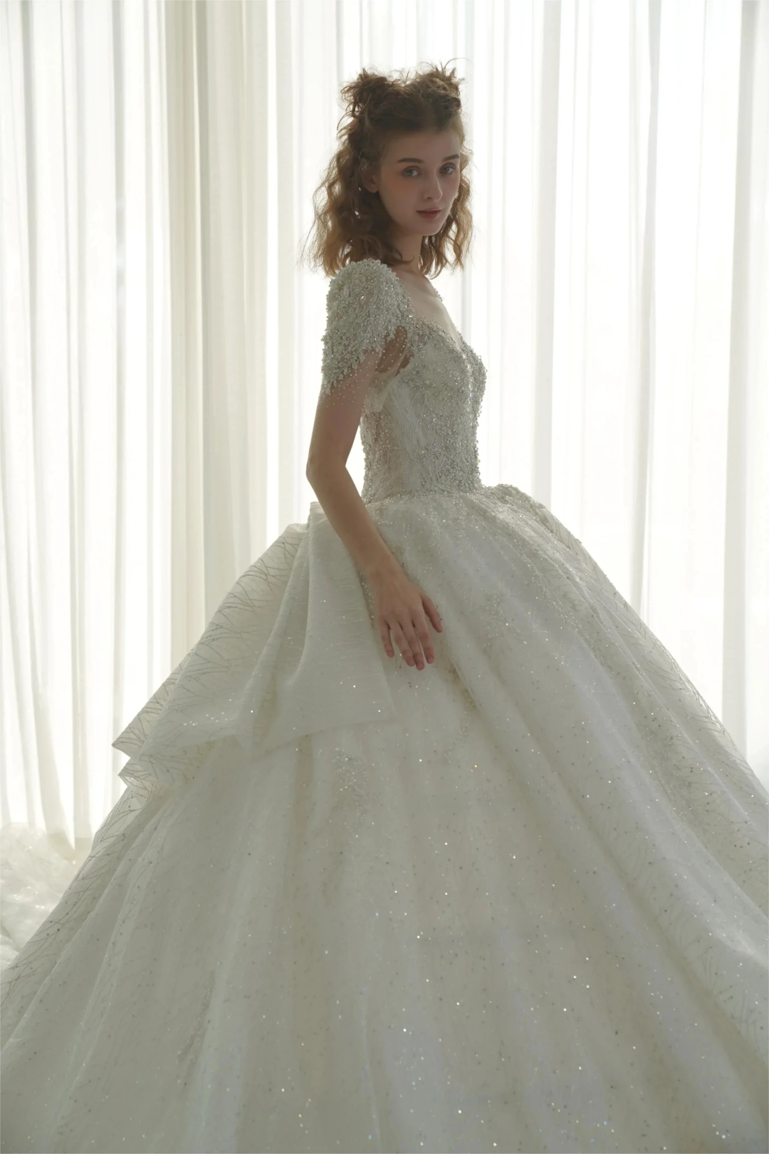 Luminous Ball Gown Illusion Neck Tulle Wedding Dress with Crystal Beaded Embroidery &amp; Bow Back Train Q-6023 by ZAPDRESS
