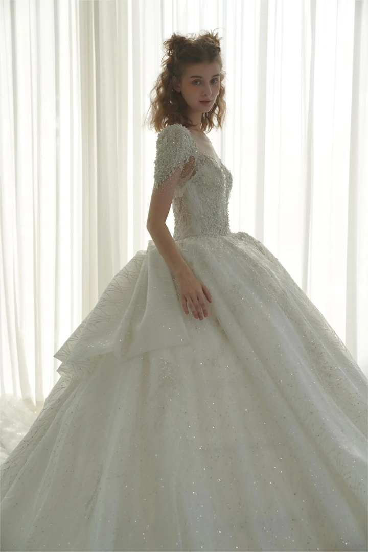 Luminous Ball Gown Illusion Neck Tulle Wedding Dress with Crystal Beaded Embroidery &amp; Bow Back Train Q-6023 by ZAPDRESS