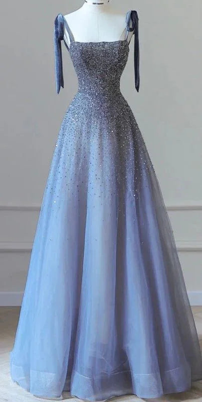 Luxurious Spaghetti-Strap Tulle Beaded A-Line Prom Dress Blue Sparkly Evening Dress Ball Gown Y7628 by simplepromdress