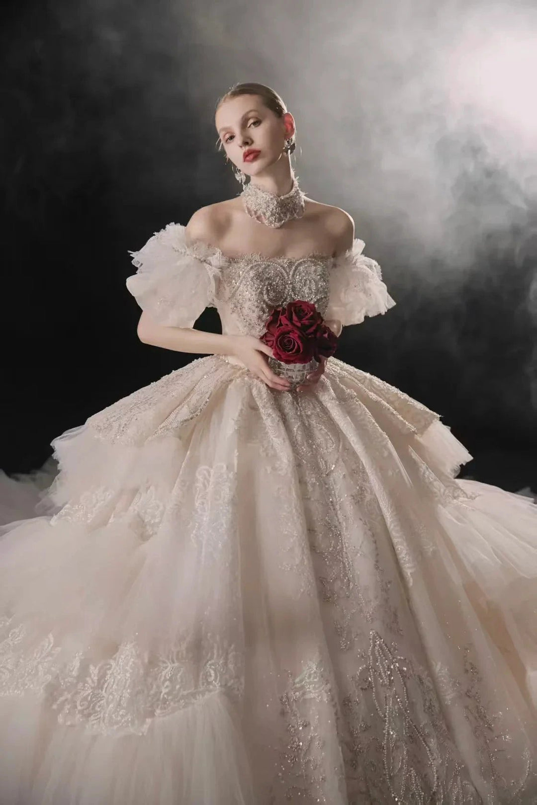 Opulent Off-the-Shoulder Ball Gown Tulle Puff Sleeve Beaded Lace Wedding Dress with Layered Ruffled Train &amp; Choker Q6001 by ZAPDRESS