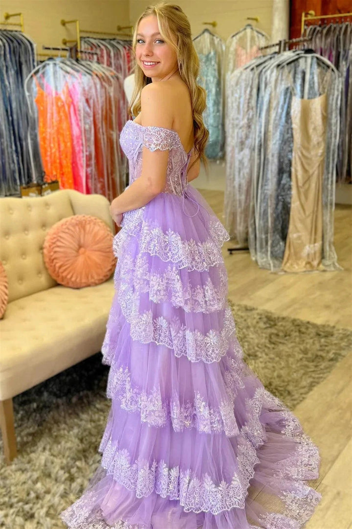Ceryn | Pink Sequin Appliques Off-the-Shoulder Ruffle Tiered Long Gown by KissProm