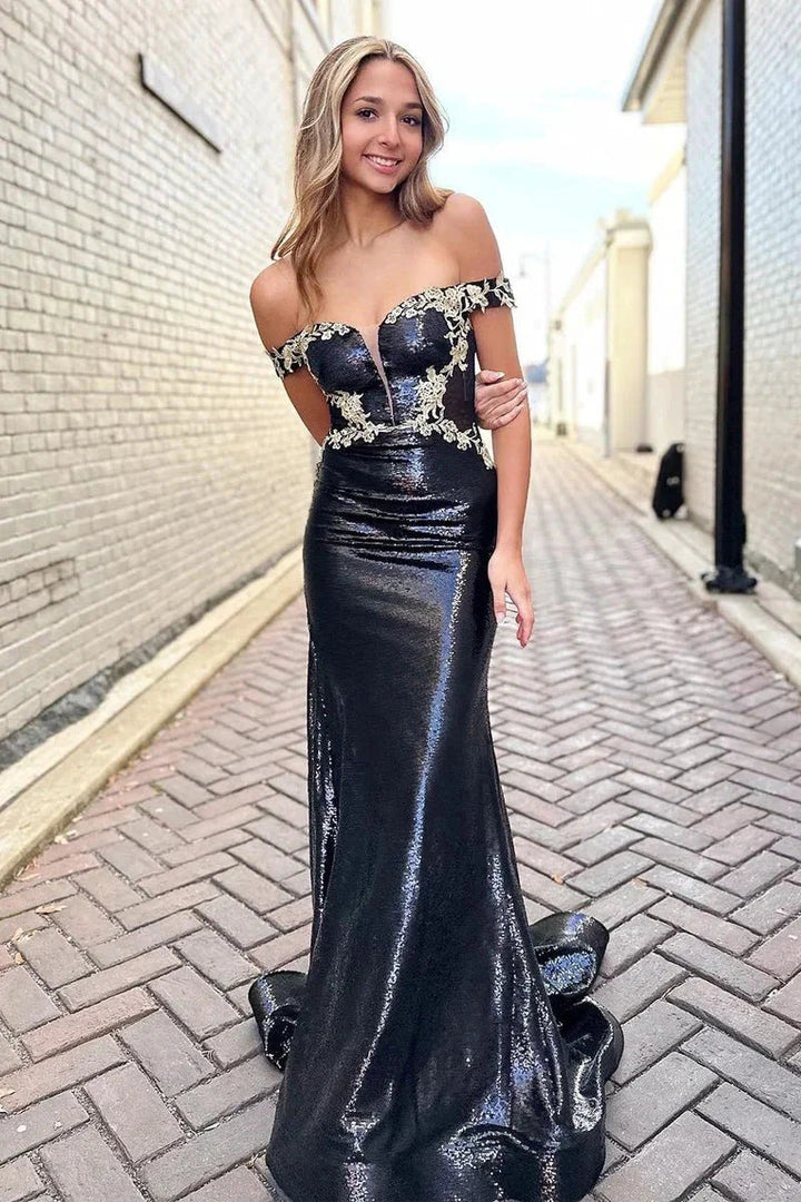 Black Off the Shoulder Sequins Long Prom Dresses with Appliques by KissProm