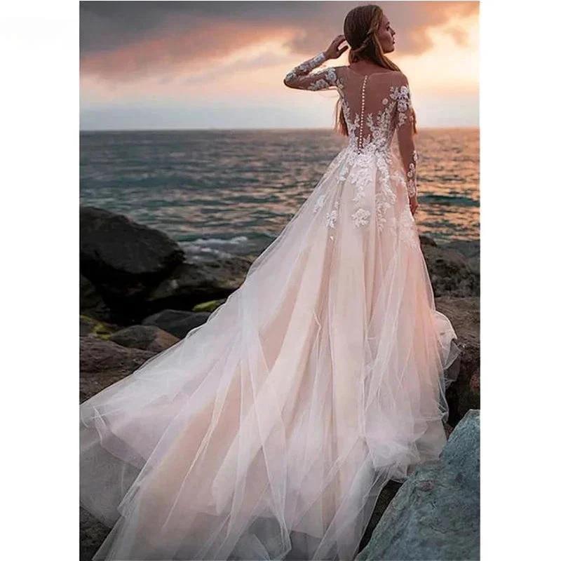 Lace Appliqued Bridal Gown For Women Illusion Long Sleeves Beach Wedding Dress Light Champagne Robe De Mariée Bride Dresses by payinti