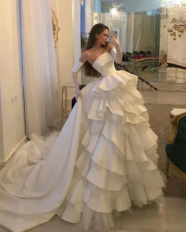 Gorgeous A Line Strapless White Long Wedding Gown Elegant Layered Ruffles Prom Evening Dress Y7632 by simplepromdress