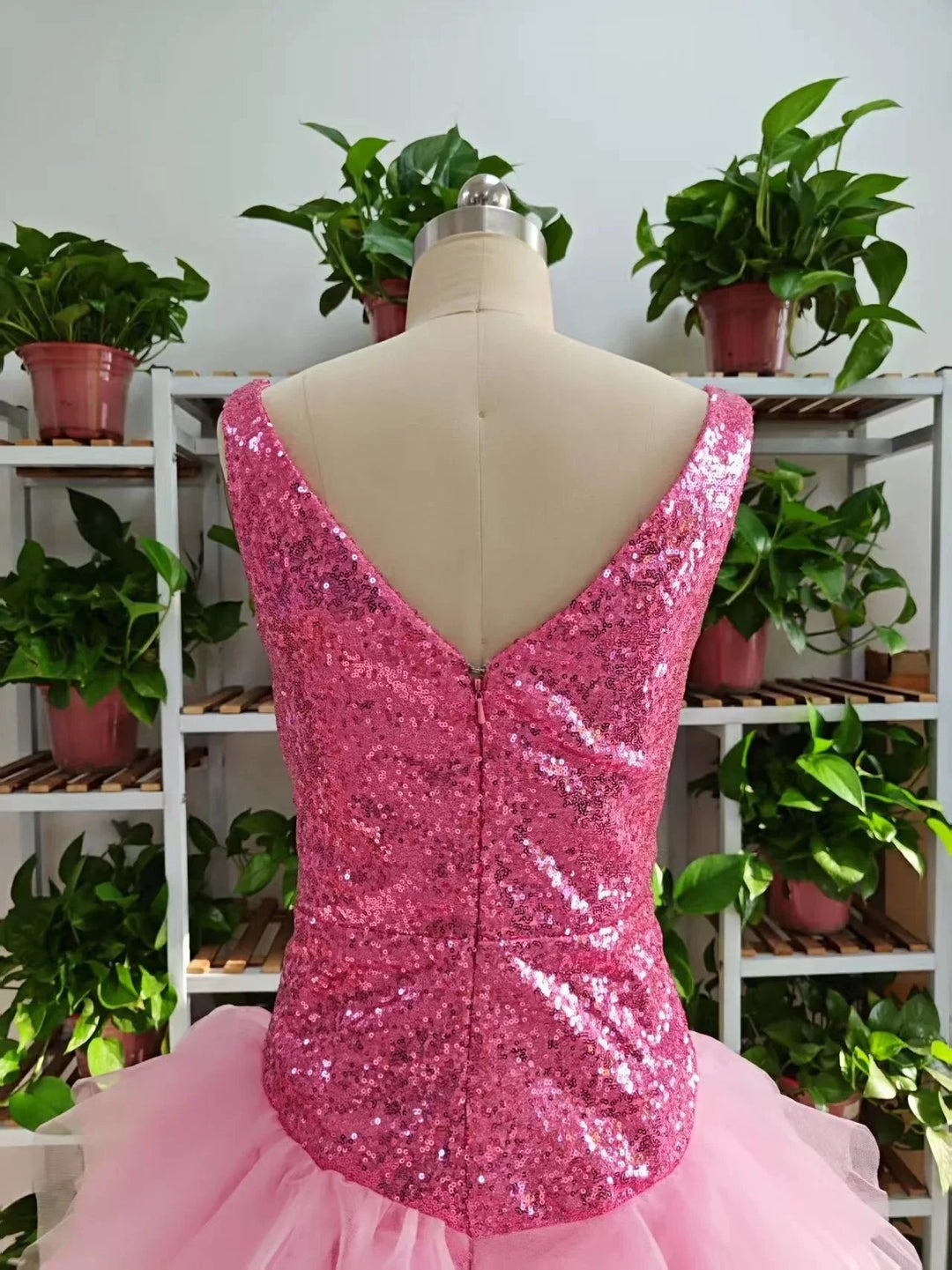 Cute V Neck Pink Short Homecoming Dress and Bottom Tulle Ruffles Pink Birthday Outfit Dress F1069 by simplepromdress