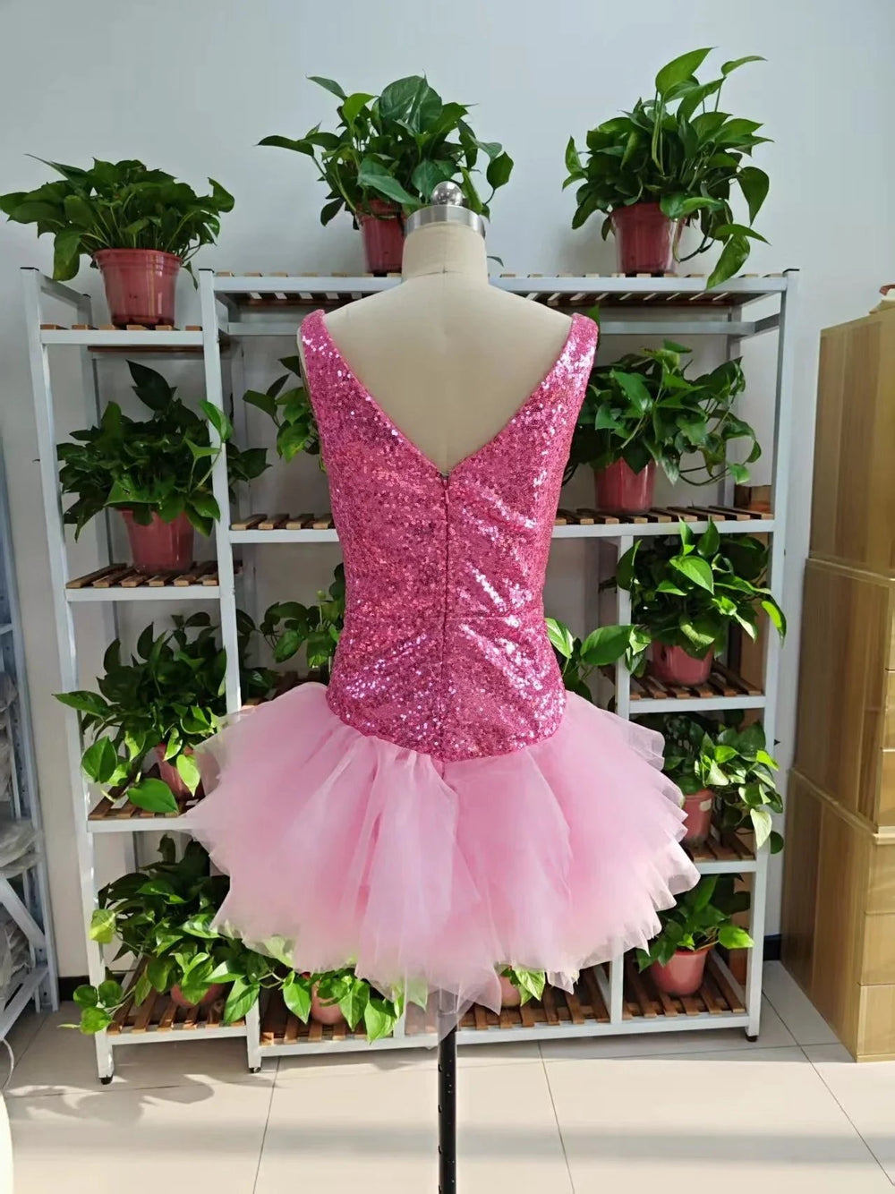 Cute V Neck Pink Short Homecoming Dress and Bottom Tulle Ruffles Pink Birthday Outfit Dress F1069 by simplepromdress