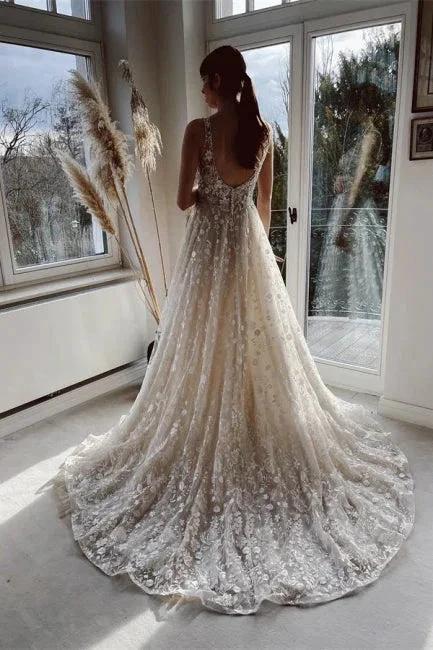 Champagne A-line Floor Length Straps V-neck Wedding Dress by misshow.com