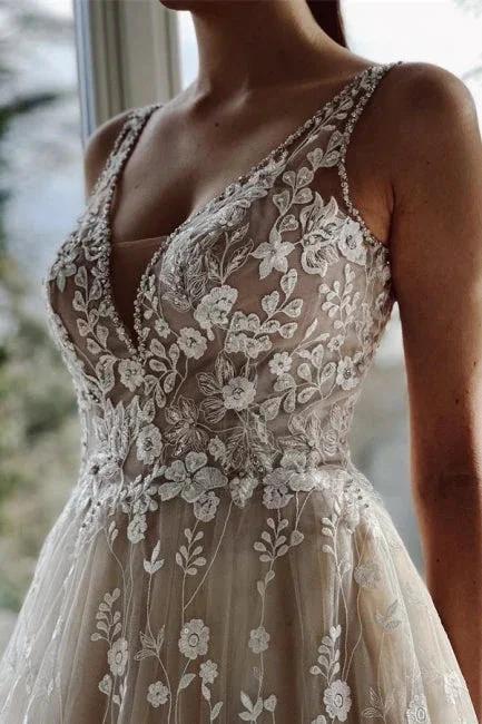 Champagne A-line Floor Length Straps V-neck Wedding Dress by misshow.com