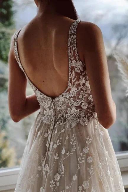Champagne A-line Floor Length Straps V-neck Wedding Dress by misshow.com